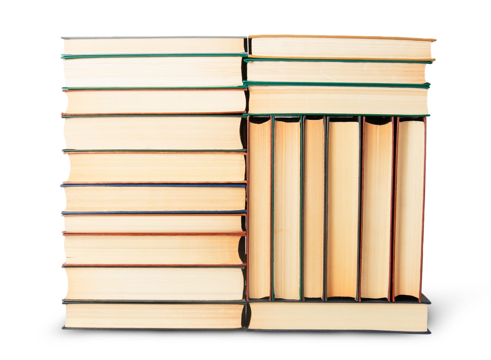 Stack of hardcover books with colorful spines and edges, arranged in two columns. The left column shows the spines facing out, and the right column shows the pages. The books are upright against a plain white background.