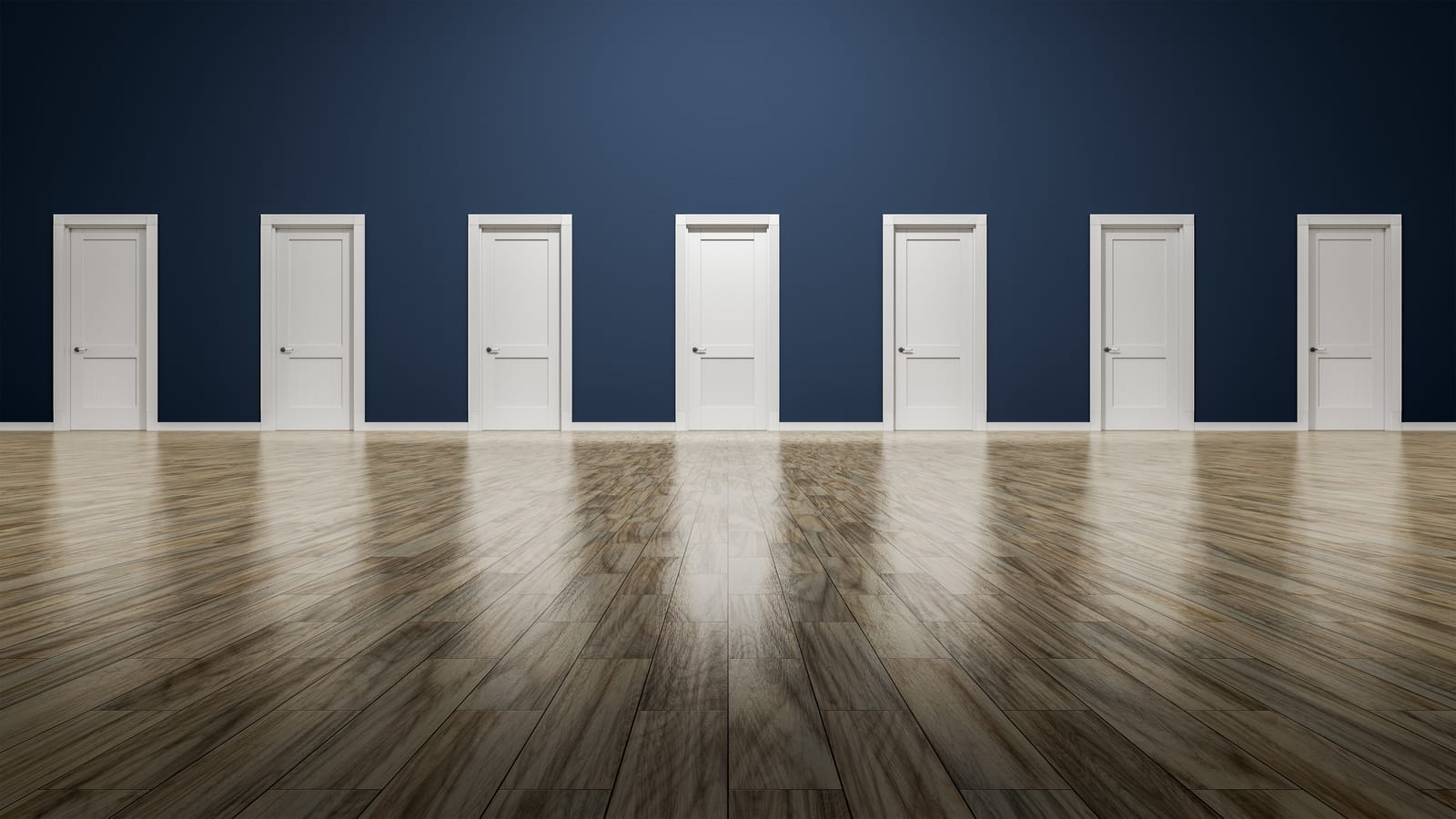 A row of seven closed white doors against a dark blue wall, standing on a polished wooden floor. The symmetrical arrangement creates a sense of choice and possibility.