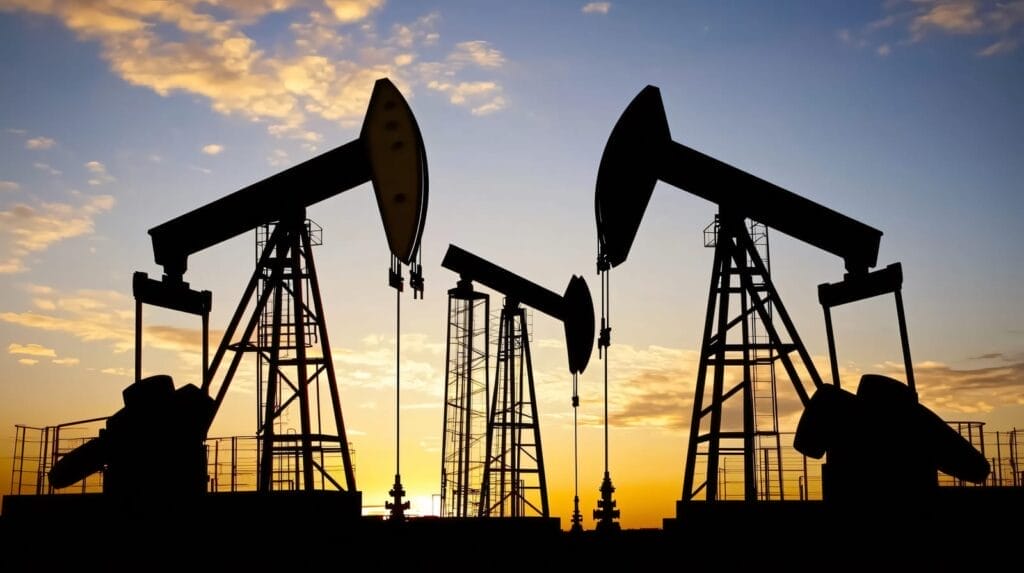 Silhouetted oil pumpjacks against a sunset sky. The machines are aligned diagonally, with golden clouds and clear blue sky in the background.