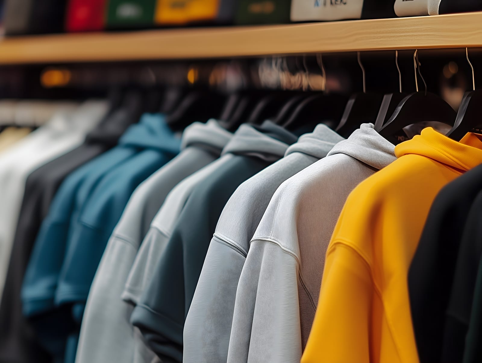 A clothing rack displays a row of hoodies in various colors, including blue, gray, and yellow. The garments are neatly hung side by side, emphasizing their textures and hues.