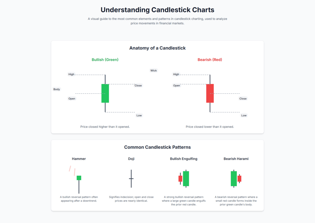An infographic explaining candlestick charts: shows labeled bullish (green) and bearish (red) candlesticks, and four common candlestick patterns (Hammer, Doji, Bullish Engulfing, Bearish Harami) with brief descriptions.