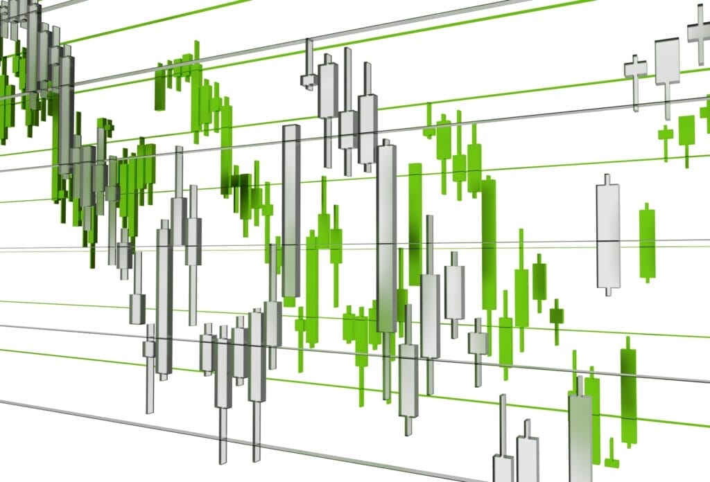 A digital illustration of green and white candlestick charts with multiple horizontal green lines, representing financial trading data and stock market trends on a white background.