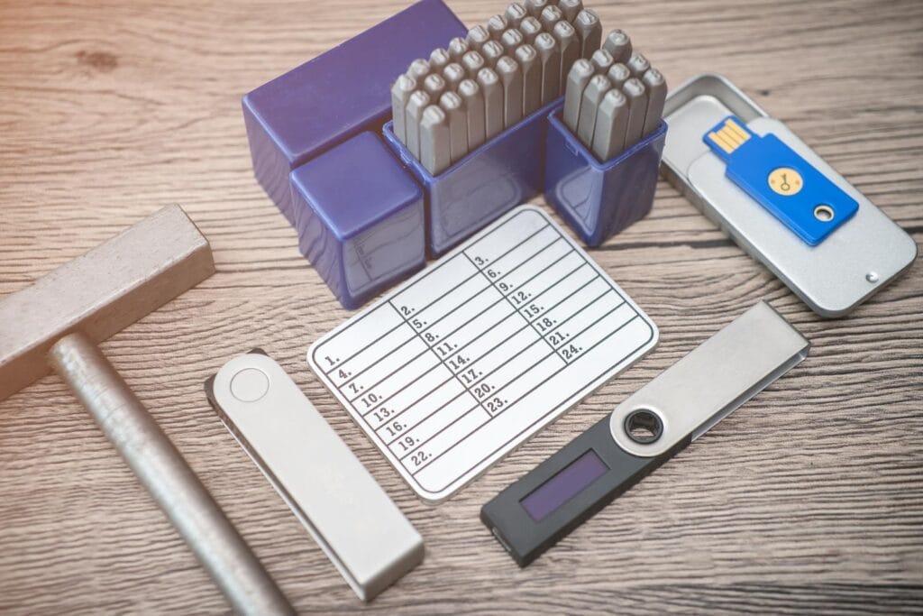 A set of metal stamps, a metal hammer, a blank recovery seed card, and three hardware cryptocurrency wallets on a wooden surface.