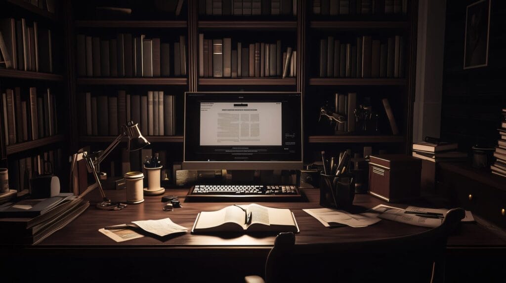 A dimly lit study with a large wooden desk, open book, scattered papers, a desktop computer displaying text, desk lamp, coffee cup, and bookshelves filled with books in the background.