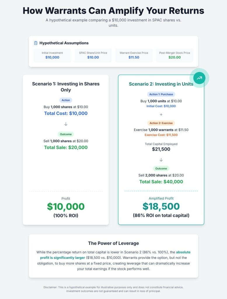 Infographic comparing $10,000 investments in SPAC shares versus units, showing higher profit with units due to warrants. Scenario 1 yields $10,000 profit; Scenario 2 yields $18,500 profit with leverage explained below.