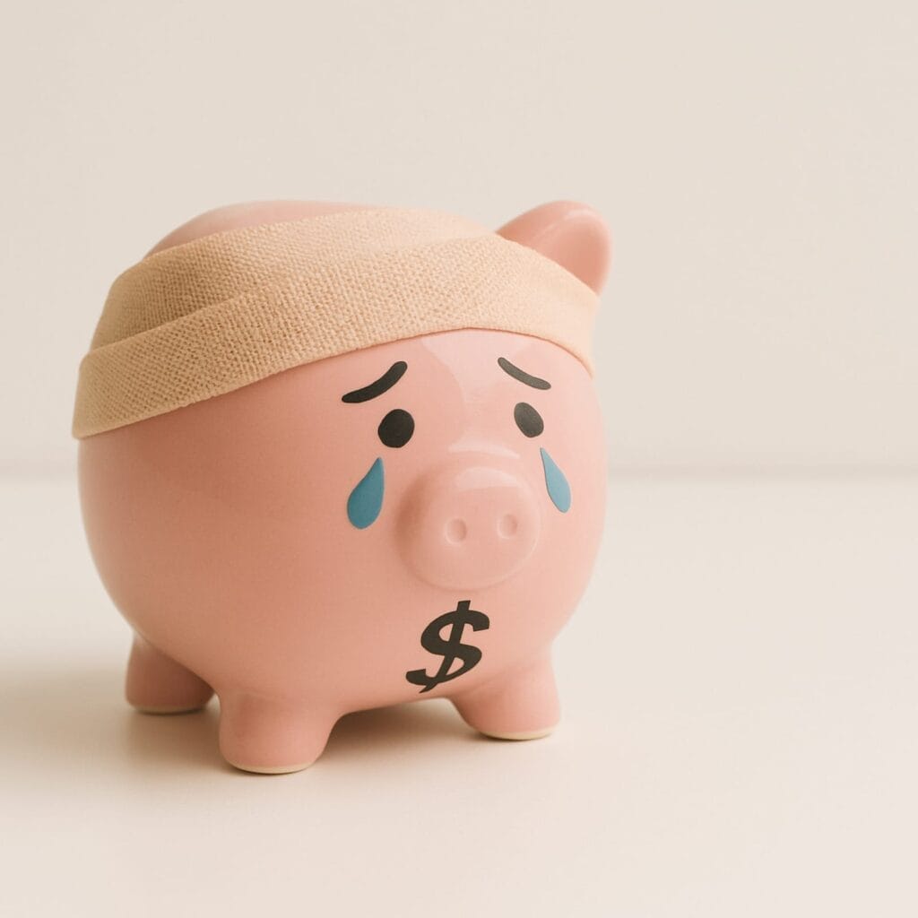 A pink piggy bank with a bandage wrapped around its head, sad facial expression, blue teardrops under its eyes, and a black dollar sign on its front, symbolizing financial distress.