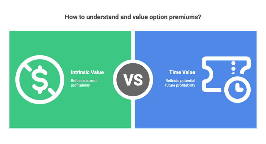 A graphic compares Intrinsic Value, reflecting current profitability, and Time Value, reflecting potential future profitability, to explain option premiums. Intrinsic Value is shown with a dollar sign; Time Value with a ticket and clock icon.