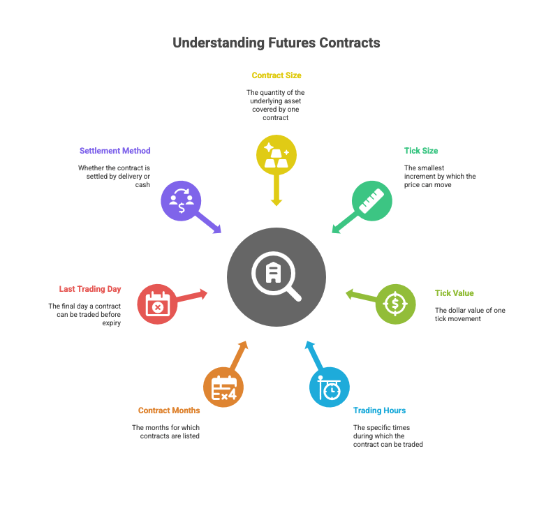 Infographic titled “Understanding Futures Contracts” with six colorful icons and text around a central magnifying glass, describing contract size, tick size, tick value, trading hours, contract months, last trading day, and settlement method.