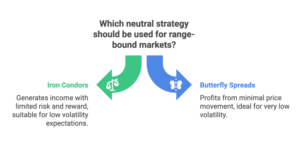 An infographic compares iron condors and butterfly spreads for range-bound markets. Iron condors provide income with limited risk, ideal for low volatility, while butterfly spreads profit from minimal price movement.