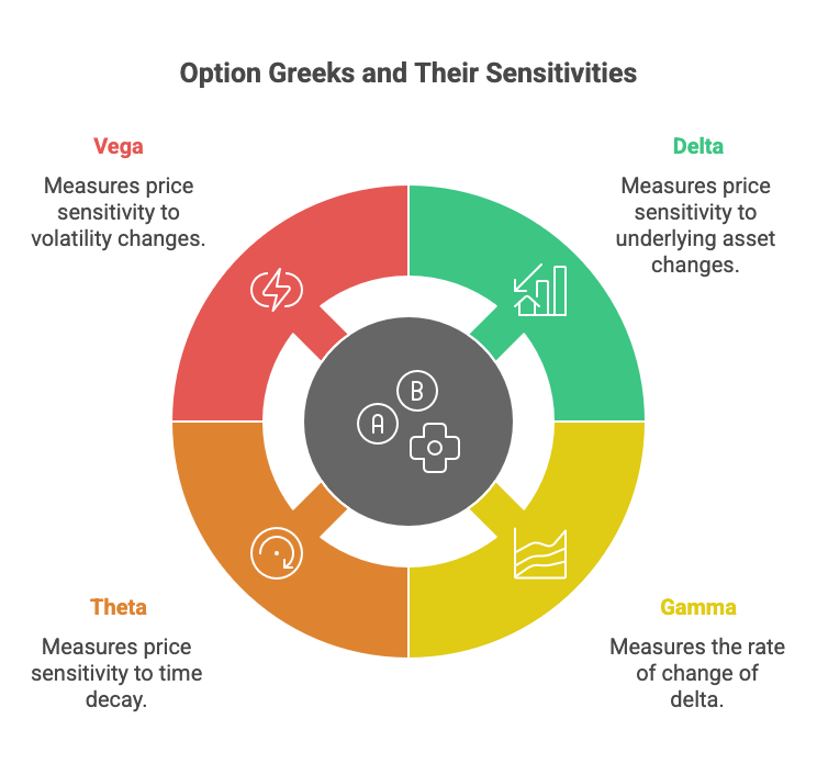 A circular diagram titled "Option Greeks and Their Sensitivities" shows four segments: Vega (volatility), Delta (asset changes), Gamma (rate of delta change), and Theta (time decay), each with an icon and description.