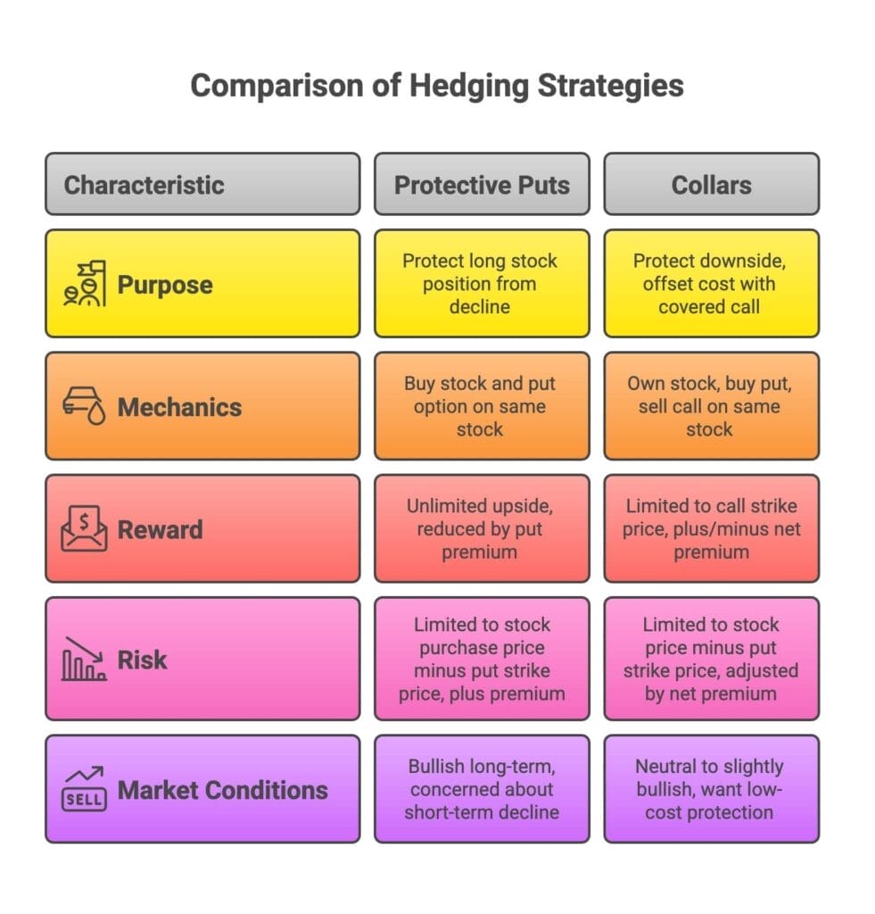 A comparison chart of hedging strategies shows characteristics of Protective Puts and Collars, detailing their purpose, mechanics, reward, risk, and suitable market conditions in a color-coded table.