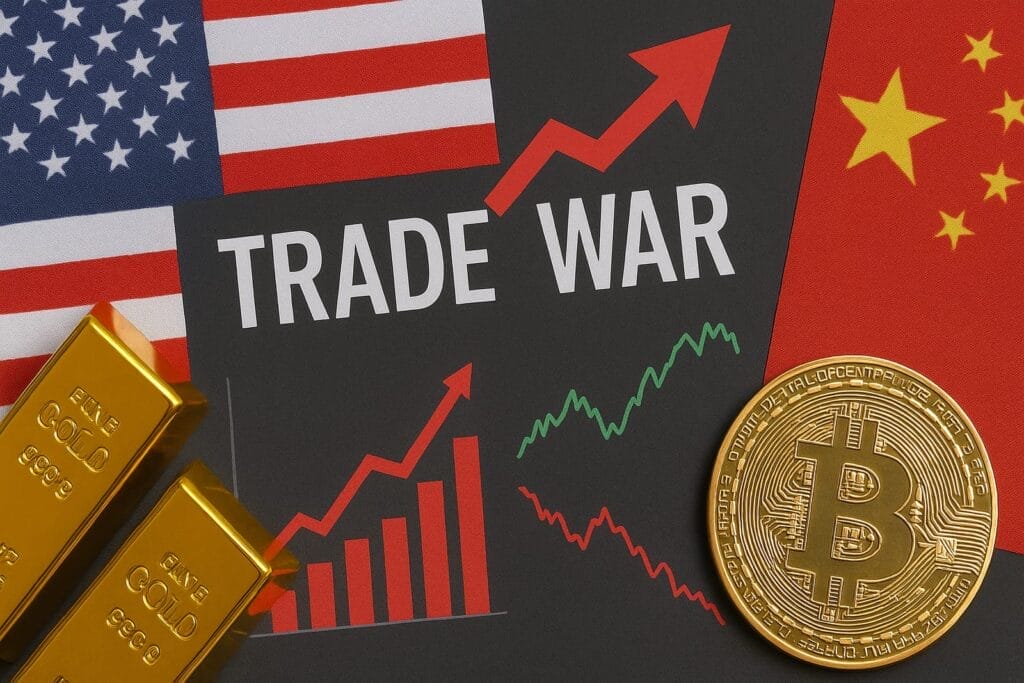 Illustration showing U.S. and Chinese flags, "TRADE WAR" text, rising and falling graphs, gold bars, and a Bitcoin coin, symbolizing economic conflict and financial markets.